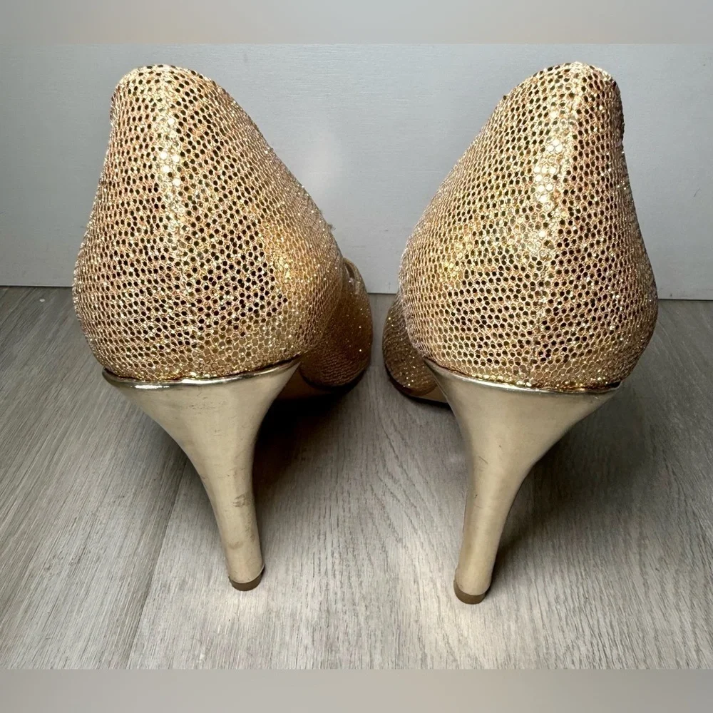 Jimmy Choo Gold Glitter Peep Toe Pumps Women’s EU 38 US 7.5 Stiletto Heels